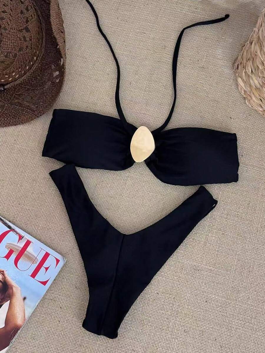 女士纯粹欲望风格黑色吊带露肩比基尼贝壳装饰高叉性感海边度假三件套泳衣2026春夏款 - 黑色 - 查看 1