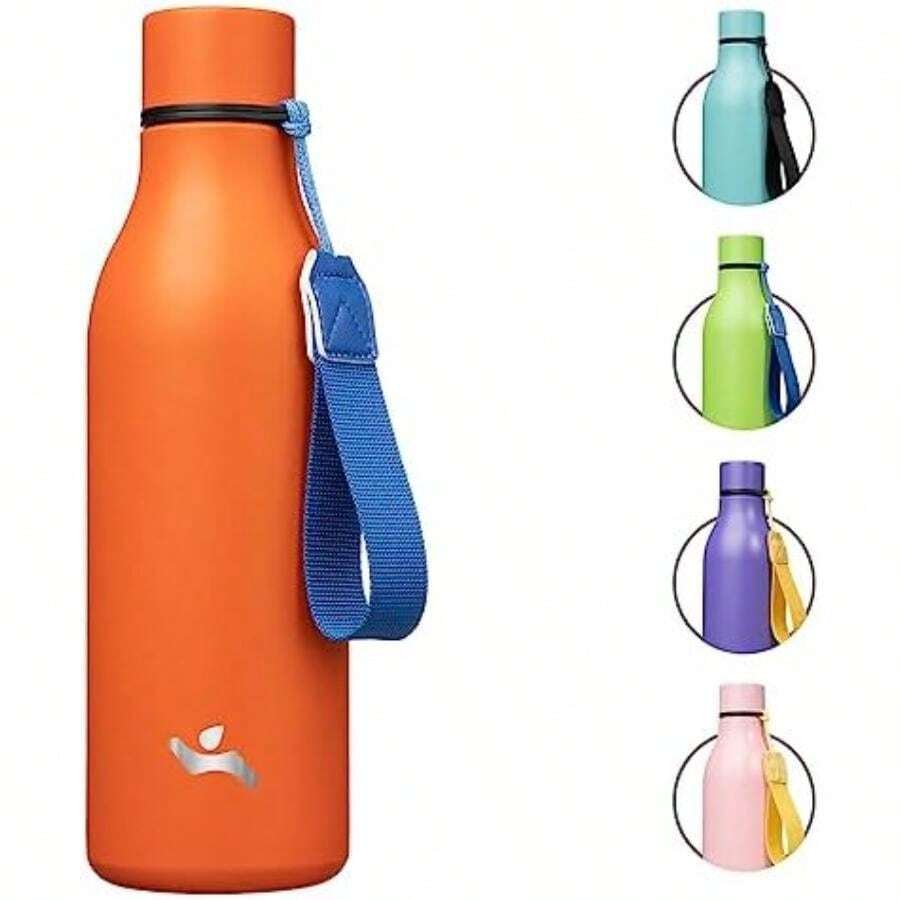 Konokyo - Botella de agua aislada con correa, 18 onzas, doble pared de acero inoxidable aspiradora, frasco de agua de metal, cereza(0.5 Litros Naranja) - Multicolor - Ver 1
