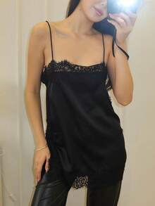 Women Y2k Floral Lace Trim Satin Camisole Top Spaghetti Strap Square Neck Side Split Silk Cami Tank Tops Summer Sleeveless Loose Fit Vest Shirts Cute Elegant Party Club Going Out Tops Sexy Coquette Clothes Streetwear Lounge Sleepwear Layering Top - 黑色 - 查看 6