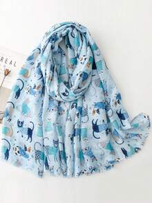 1pc Women's Fashionable Vintage Cat & Dog Pet Print Soft Linen Scarf, Autumn/Winter Bohemian Style Casual Shawl, Suitable For Daily Wear,Beach,Holiday - Beige - View 5