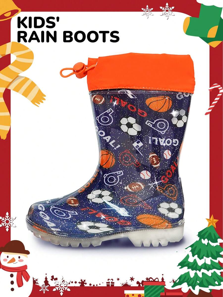 Kids Sports Ball Rain Boots With Drawstring, Waterproof Easy-On Boots For Outdoor Play - 藏青色 - 查看 1