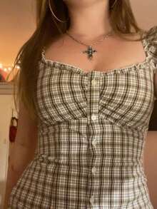 Women's Cute Plaid Blouse Off Shoulder Slim Fit Tank Top Y2K Frill Trim Crop Tops Cute Button T-Shirt Teen Girls Vintage Preppy Shirts Fashion Cap Sleeve Camisole Casual Going Out Tops Aesthetic Streetwear Fairy Grunge Clothes - nâu nhạt - Xem 9