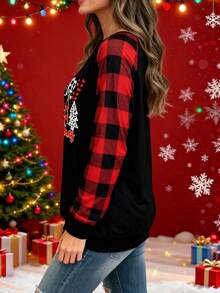 1pc Plus Size "Merry Christmas" Letter Print Sweatshirt, Women Plus Size Christmas Tree & Letter Graphic Raglan Color Block Plaid Long Sleeve Casual Loose Top, Christmas