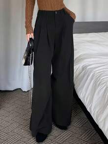 Valentine's Day Women Loose Fit Black Wide Leg Trousers With Pleated Design, Button And Zipper Closure, Full Length - Black - View 3