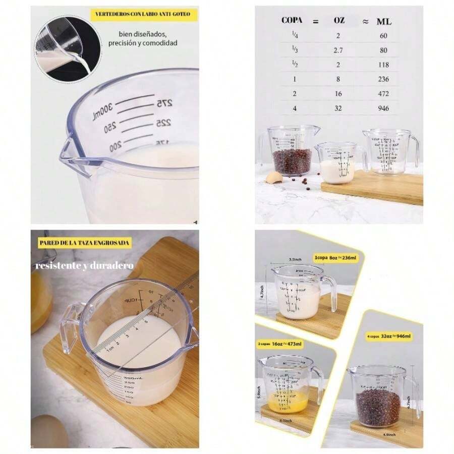 Juego de 3 Tazas Medidoras de Plstico Irrompibles, Jarra Medidora sin BPA con Boquilla, Capacidad de 1 litro, 600 ml y 300 ml, Apilables e Ideales para Repostera - Transparente - Ver 1