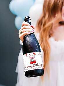 10张樱桃主题生日水瓶标签，樱桃主题生日派对装饰，自粘式，哑光表面，纸质，适用于生日派对、家庭聚会用品 - 彩色 - 查看 8