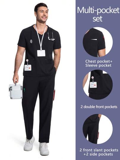 cimmuovere 男士V领短袖多口袋上衣和纯色工作裤，护士工作服，适用于牙医、医疗保健、宠物医院、实验室等场所。