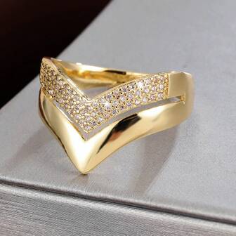 1pc Minimalist V-Shaped Line Design Cubic Zirconia Inlaid Women Fashion Ring, Casual Gift