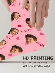 1 Pair Customizable Text & Face Print Funny Long Socks, Can Customize Photos And Names, Interesting Couple Design Socks, Suitable For Valentine's Day, Birthday, Christmas And Other Occasions - Pink - View 5