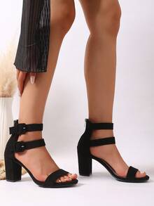 New Comfortable Minimalist Sexy Strap Roman Open Toe Chunky Heel Breathable Lining Women Sandals - Black - View 7