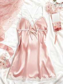 Women's Nightgown, Mature Floral Print Satin Lace Trim Sleepwear Dress, Criss-Open Back Spaghetti Strap Slip Dress, Comfortable Robe - Purple - View 2
