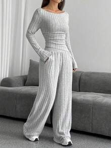 Knitted Slim Fit Suit Set, Dark Grey Casual Women Outfits Winter Outfit For Women