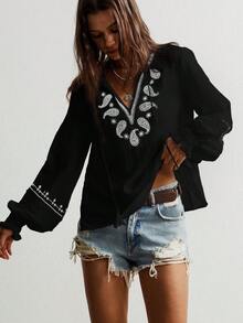 Rusttydustty Áo kiểu Boho thêu tua rua, áo kiểu nông dân cổ chữ V bằng vải lanh đen, trang phục đi biển, lễ hội âm nhạc, kỳ nghỉ nhiệt đới - màu đen - Xem 9