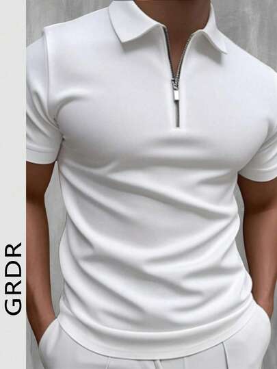 GRDR Men's Summer Polo Collar Half Zip Short Sleeve T-Shirt, Suitable For Outdoor, Vacation And Casual Wear