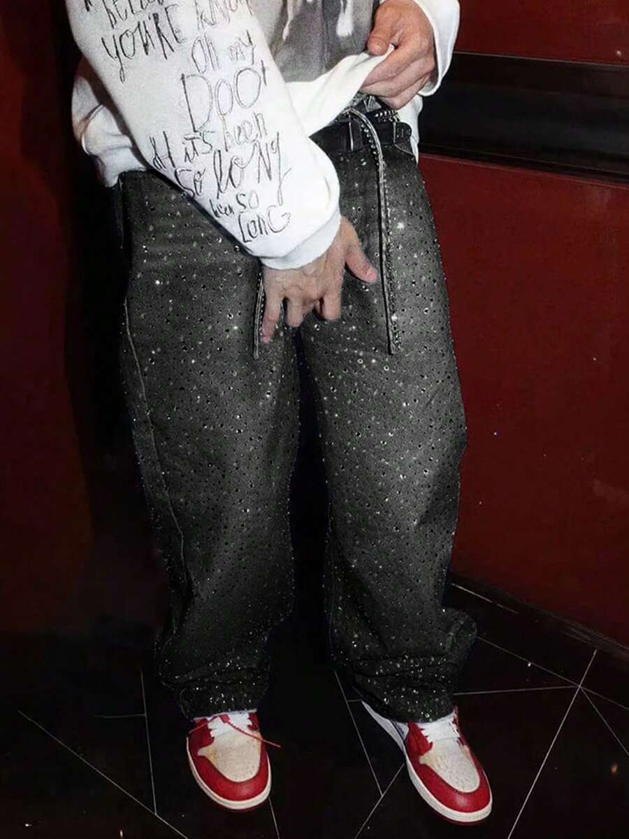 Men's Straight Leg Rhinestone Embellished Shiny Black Jeans, Street Fashion Design, All Season - Black - View 1