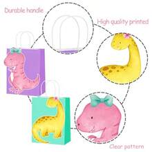D12Pcs Pink Dinosaur Gift Treat Bags With Handles Watercolor Dinosaur Theme Paper Tote Bags For Girls Dino Themed Birthday Party Decorations Baby Shower Party Plies - 穆爾 - 查看 3
