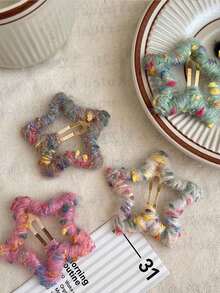 2pcs/6pcs Y2K Star Hair Clips, Colorful Fuzzy Wool Knitted Five-Pointed Star Hair Clips For Women & Girls, Cute Side Bangs Clips, Multi-Functional Hair Accessories, Winter, Claw Clips, Hair Slide, Hair Barrettes, Head Accessories - Multicolor - View 7