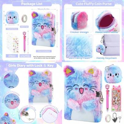 New ZCOINS 5 Pcs Cat Plush Secret Diary Set With Lock And Key For 8-12 Year Old Girl Gifts Cute Journal Notebook Stationary Gift With Coin Purse Ballpoint Pen Sticker Tape For Girls Birthday Christmas