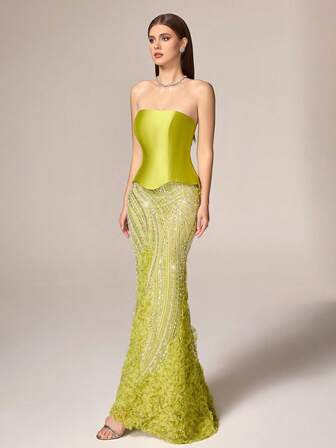 VIPGIRL Elegante y lujoso vestido de noche verde lima sin tirantes - Decoración de malla con lentejuelas en contraste, silueta de sirena, ribete de volantes de tela tejida, diseño ajustado sin mangas | Adecuado para cenas formales, eventos de alfombra roja, bailes de graduación, recepciones de bodas y talla grande