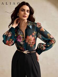 Aliao 高端印花长袖薄纱衬衫，度假风，女士秋季服装，纽扣衬衫，Fowy 夏季上衣 - 彩色 - 查看 4