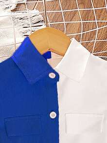 Left Mama 女童可爱简约泡泡袖撞色衬衫领迷你连衣裙，夏季 - 寶藍色 - 查看 3