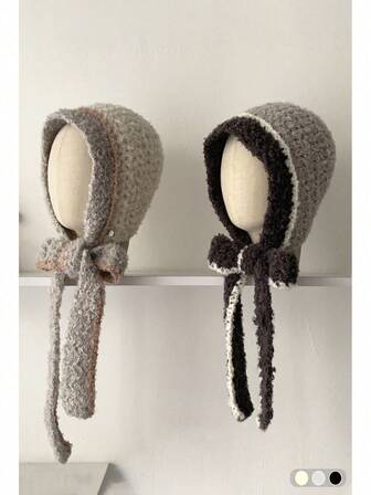 女士毛绒护耳帽，加厚保暖多功能头带帽，户外系带防风飞行员帽，时尚撞色针织护耳帽，可爱秋冬新款保暖针织头带帽，带毛绒球