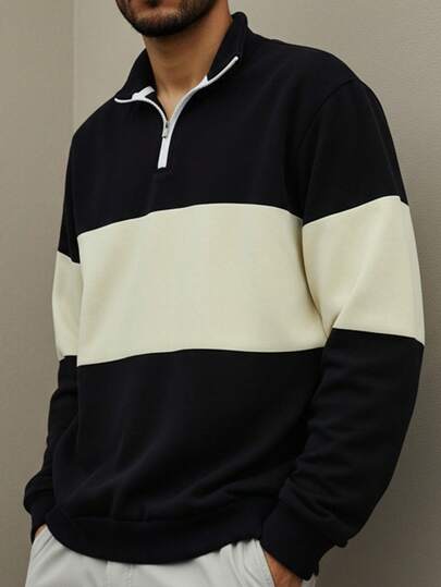 1pc Men's Casual Half-Zip Half-Placket Contrast Color Patchwork Long Sleeve Sweatshirt