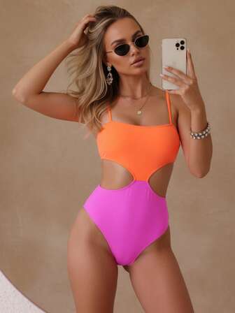 女士拼色镂空吊带连体泳衣 夏季