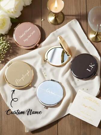 1pc Customized Pocket Makeup Mirror, Personalized Engraving. Featuring A Streamlined Folding Design For Easy Portability To Touch Up Makeup. This Exquisite Personalized Gift Is Specially Crafted For Women, Suitable As A Wedding Gift, Bridesmaid Gift, Bachelorette Party Favor, Wedding Souvenir, Thank-You Gift, Or Valentine's Day Present.