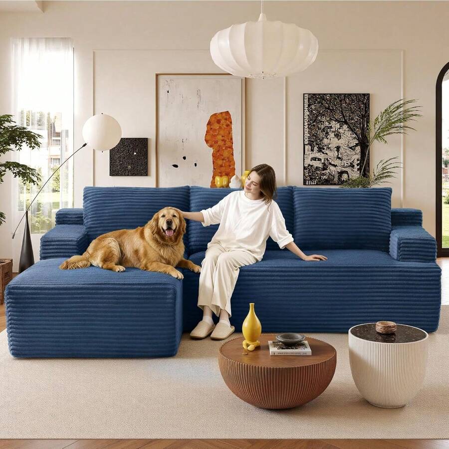 96" Sectional Couches For Living Room Fluffy Cloud Couch Sofa With Deep Seat Upholstered Boneless Couchs Modern Modular Sectional Couch With Chaise - 藍色 - 查看 1