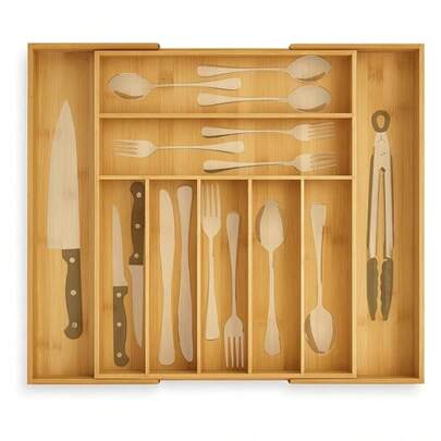 Organizador de Cubiertos de Bambú Expandible 33-52 cm; 9 Compartimientos. Organizador para Cajón. Bluelander.