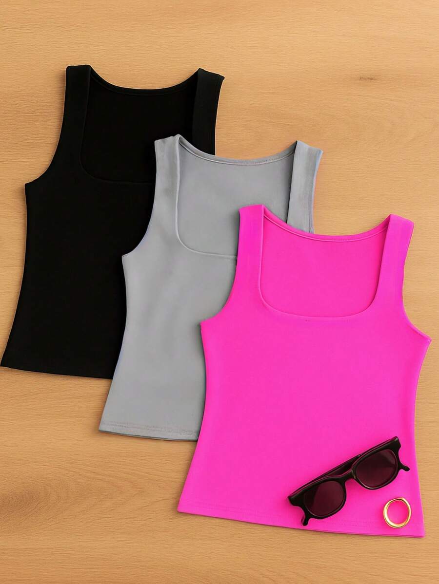 Set Of 3 Women's Basic Tank Tops In Square Neckline Suplex Fabric With Lining. - 黑色/粉紅色/灰色 - 查看 1