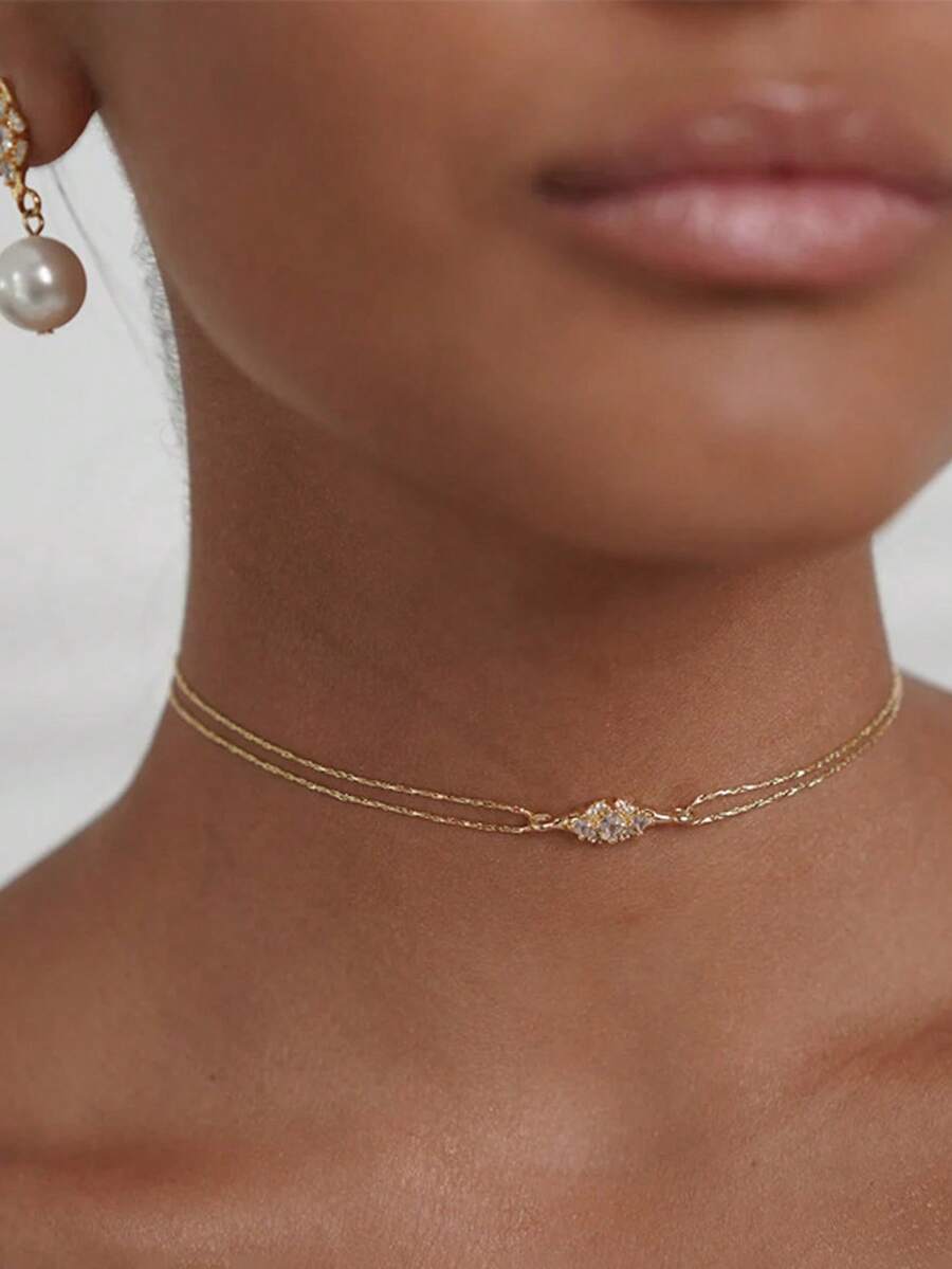 1 sợi dây chuyền choker 2 lớp mặt dây chuyền hình học tinh tế đính đá zirconia vàng 14K, thiết kế độc đáo, phụ kiện trang sức đa năng cho tiệc, đám cưới, đeo hàng ngày - xích - Xem 1