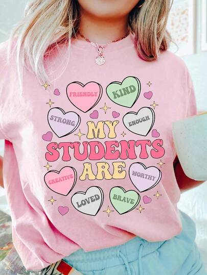 Camiseta gráfica de Día de San Valentín "Mis estudiantes son corazones de maestros", camiseta casual de cuello redondo de manga corta para mujer, primavera y verano