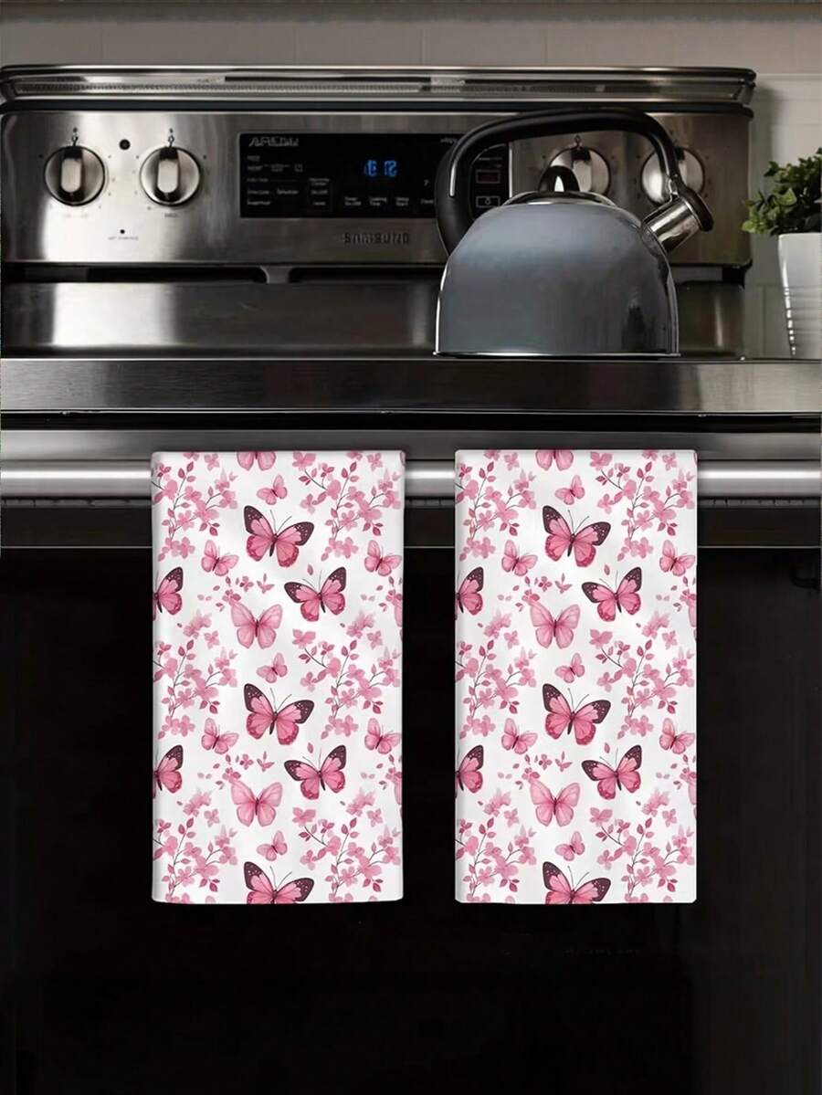 1/2/4pcs Pink Butterfly Floral Kitchen Towels - Super Soft Polyester Dish Towels, Farmhouse Hand Towels With Decorative Pink Butterflies & Pink Flowers,For Kitchen & Bathroom, Kitchen Towels Hand Towels, Cartoon Style Design, Vibrant Print Quality - Pink - View 1