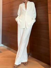 女士休闲通勤衬衫裤套装，长袖翻领贝壳扣衬衫+阔腿裤两件套，纯色休闲前扣办公日常穿着，春夏款 - 杏色 - 查看 5