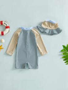 Cool Striped Zip-Up Swimsuit For Infant Boys  Contrast Color Long Sleeve Set With Sun Hat - Màu xanh bụi bặm - Xem 7