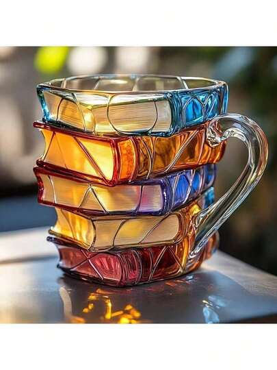 1个3D立体书本造型咖啡杯，叠层书本玻璃杯，适用于咖啡、茶、牛奶和热饮，艺术文学设计，适合读者、作家和爱书人士，独特创意桌面杯，适用于办公室、家庭、书房和图书馆，透明耐热玻璃咖啡杯，带把手，是送给书虫、学生和教师的完美礼物。