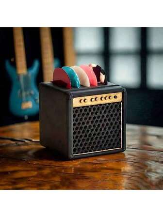 1pcsUkulele Pick Holder, Featuring Five Picks, With A Simple And High-End Decorative Style. Creative Music Accessory. Desktop Guitar Pick Storage Box. Simulated Speaker Desktop Decoration As A Gift.