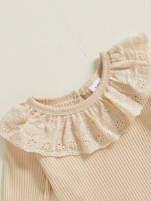 Baby Girls 2 Piece Outfits Ruffle Long Sleeves Romper And Ripped Denim Flare Pants Toddler Fall Clothes - Khaki - View 3