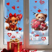 1/4 Stücke Valentinstag Fensteraufkleber, süße Hochlandrinder mit Herz-Sonnenbrille und Teddybär mit Rosen, wiederverwendbare Aufkleber für Bauernhaus, Büro Dekoration, romantische Feiertags Glasdekoration.
