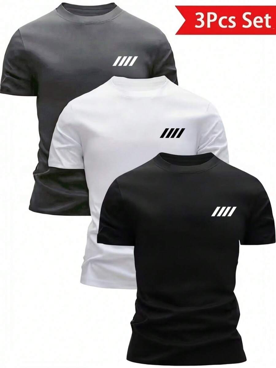 3pcs/Set Men's Casual Geometric Symbol Print Short Sleeve T-Shirts, Autumn - Multicolor - View 1