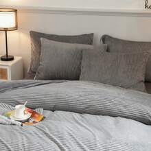 4 Pcs Luxury Coral Fleece Bedding Set - Ultra Soft Plush Duvet Cover With Zipper Closure, 2 Pillow Shams & Flat Sheet, Wrinkle-Free All-Season Use (Twin/Full/Queen/King Size Available) - 灰色 - 查看 4