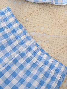 2pcs Toddler Girls' Plaid Ruffle Strap Top + Wide Leg Pants Set, Sweet & Cute Casual Outfit, Suitable For Spring/Summer Outings - Blue - View 6