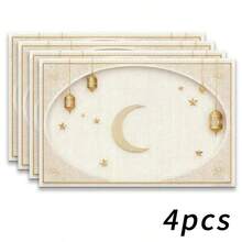 A Set Of 4-Piece Ramadan Themed Table Mats, Featuring A Simple Beige Design With A Crescent Moon And Lantern Design, Adorned With Stars, Suitable For Gatherings, Dining, And Holiday Decorations. The Size Is 30x45 Centimeters, Suitable For Home Decoration, Holiday Table Decoration, Rural Holiday Decoration, Rural Style, Washable Mats, Durable Materials, Holiday Table Decoration, And Home Entertainment. This Is The Ideal Choice For Ramadan. - Multicolor - View 17