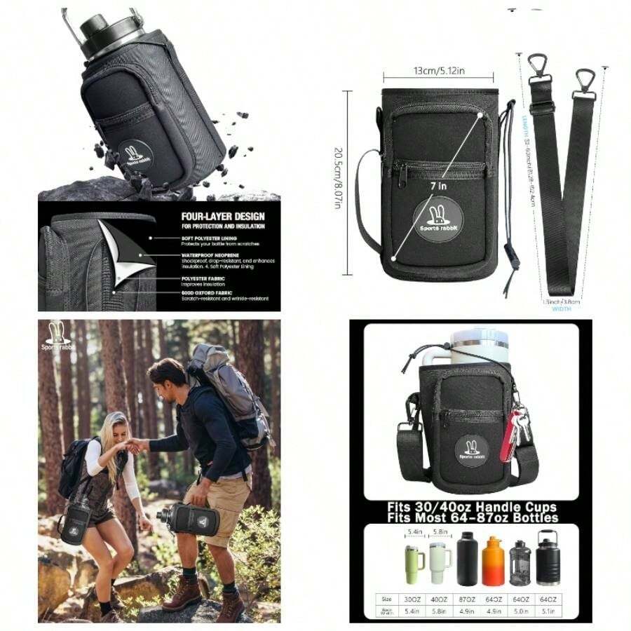 - Soporte universal para botella de agua, compatible con de 30/40 onzas con y vasos rectos de 64/86 onzas, correa ajustable, proteccin de neopreno para viajes en el - negro + 64/87 oz - Ver 1