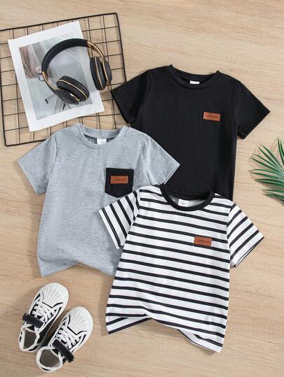 3pcs/Set Boys' Casual Outgoing Fashion Printed Striped Pattern Embroidered Decor Round Neck Short Sleeve T-Shirt Tops, Summer