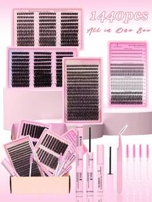 1440pcs, 484pcs, 300pcs, 300pcs, 356pcs D-Curl Eyelash Extension Kit, Includes Eyelash Glue, Remover, Sealer, Applicator Brush And Tweezers, Suitable For Daily Commute Or Festive Celebrations, Easy DIY Eyelash Extension At Home - 黑色 - 查看 16