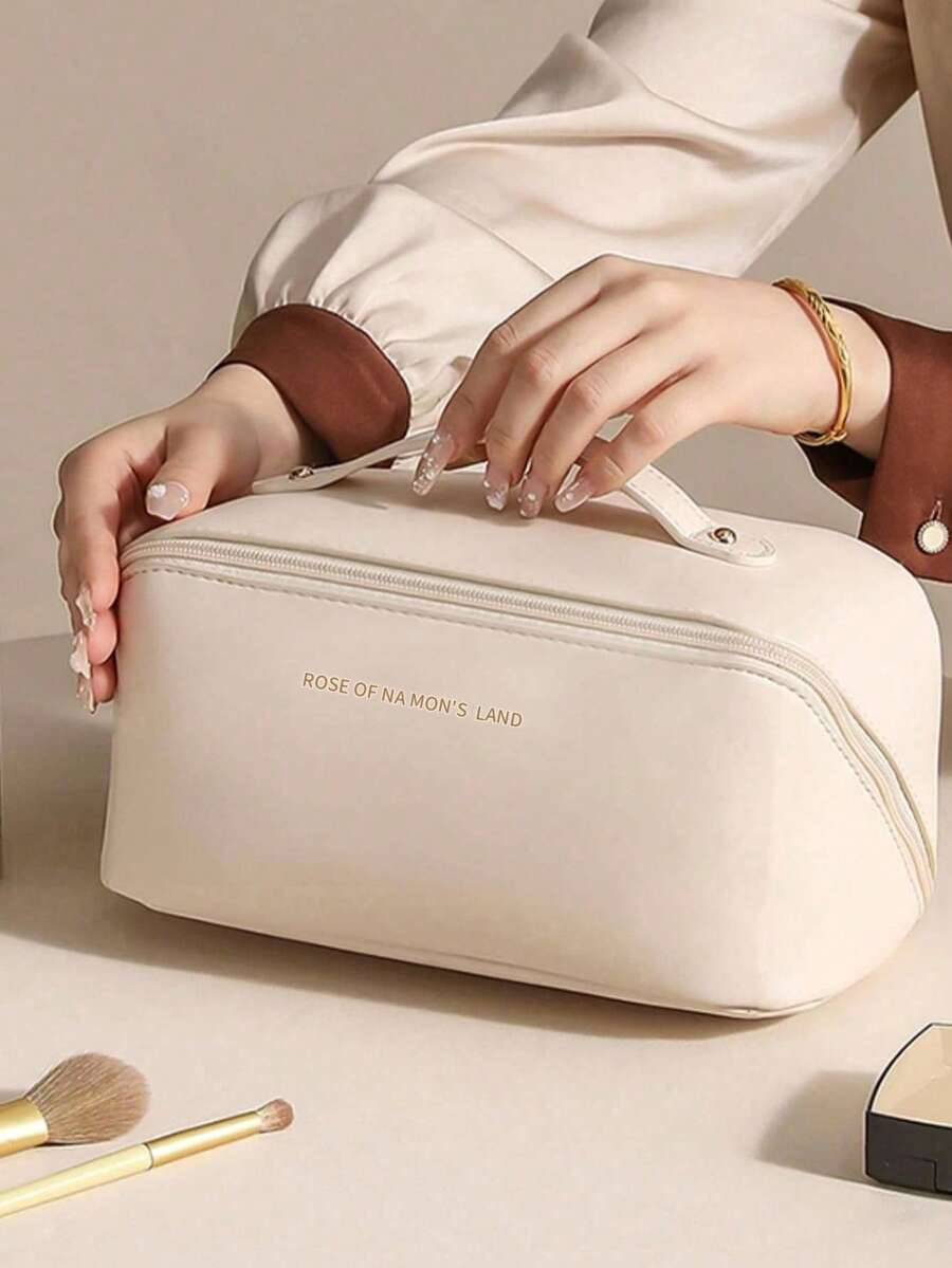 1pc Leather Cosmetic Bag, Minimalist Portable Handheld Makeup Bag, Elegant Travel Makeup Organizer, Dirt-Resistant - Milky White - View 1