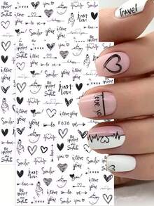 3D Nail Stickers Heart Love Geometry For Nails Black Letter Stickers Face Heartbeat Adhesive Sticker Romantic Valentines Nail Design Art Decoration - Black - View 2
